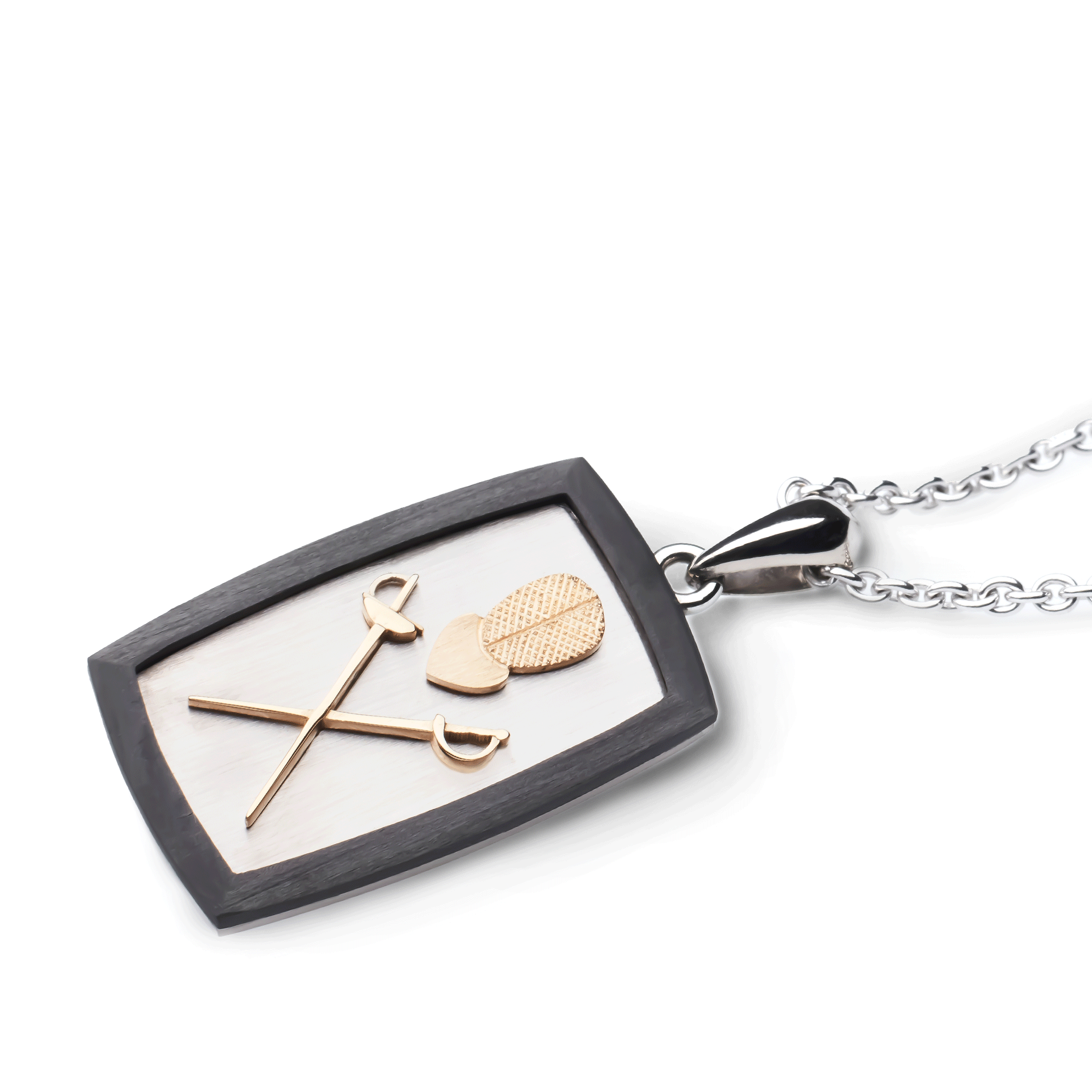 halsschmuck, anhänger, fechten, wappen, relief, sport, halskette, herrenschmuck, schmuck, goldschmiede, goldschmuck, carbon, modern, goldschmiede, juwelier, sahak, jewellery, zürich